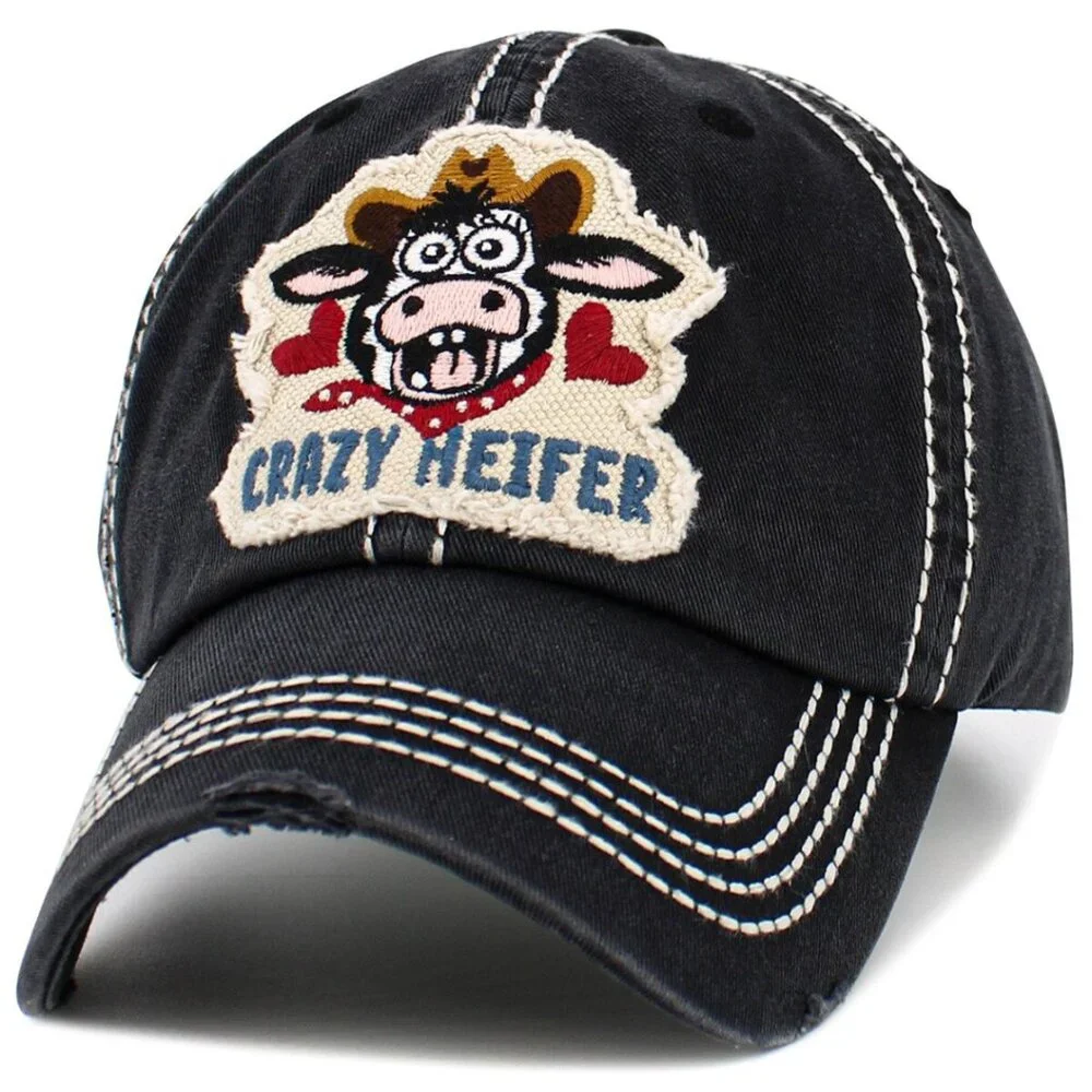 KBETHOS Crazy Heifer Black‎ Distressed Baseball Cap Hat NWT